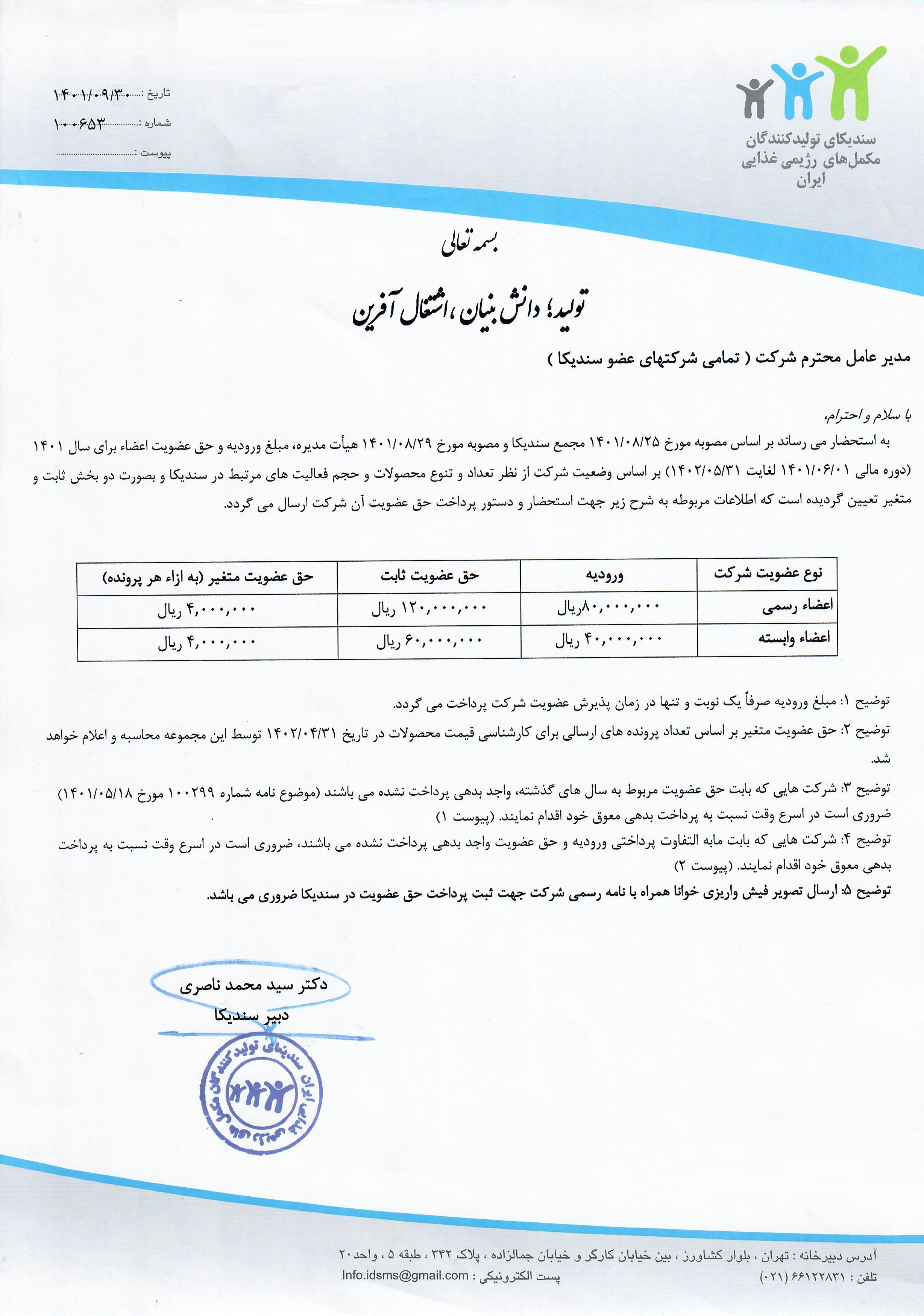 نامه در خصوص میزان حق عضویت و ورودیه سال 1401