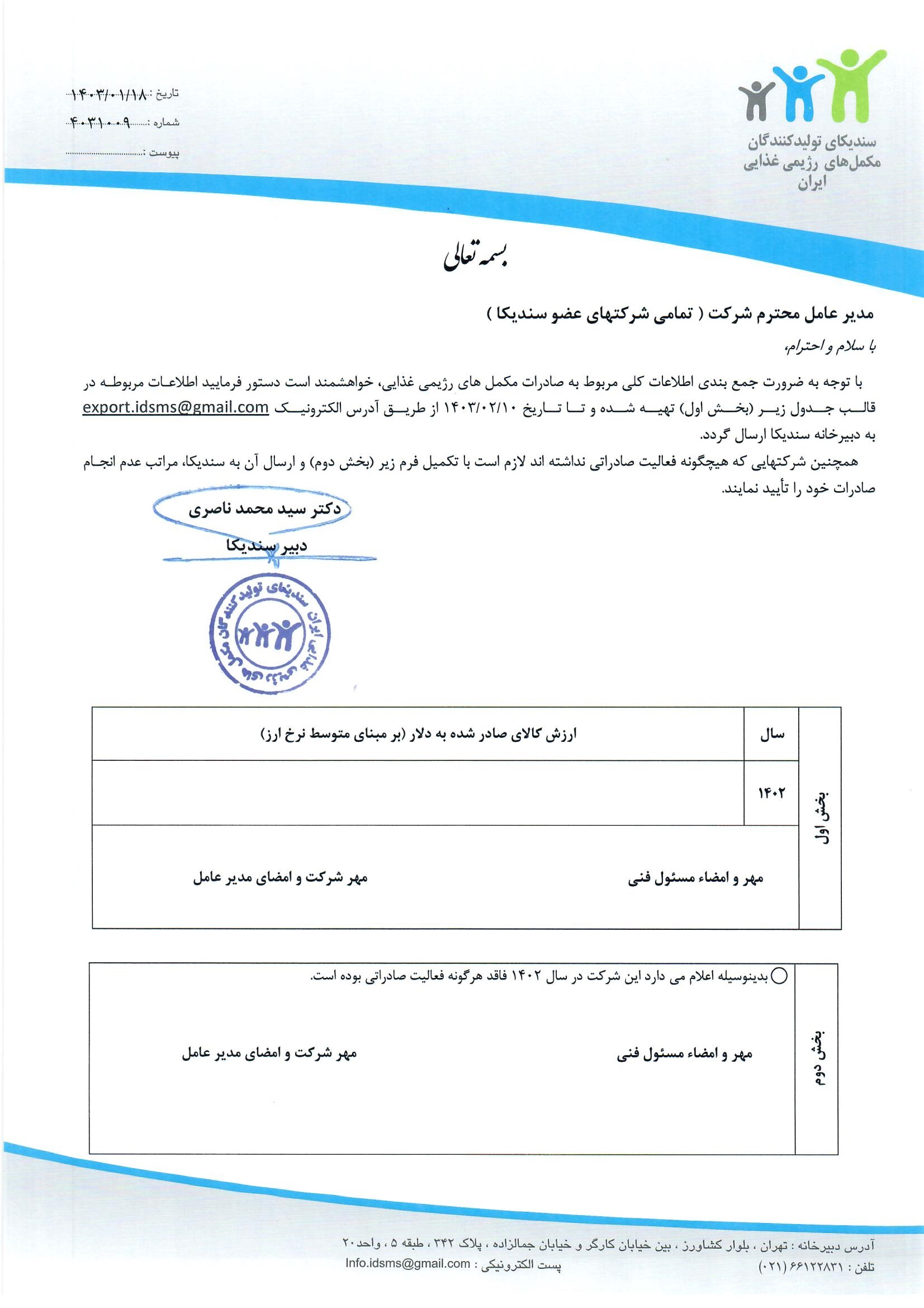 نامه در خصوص ارسال گزارش صادرات سال 1402