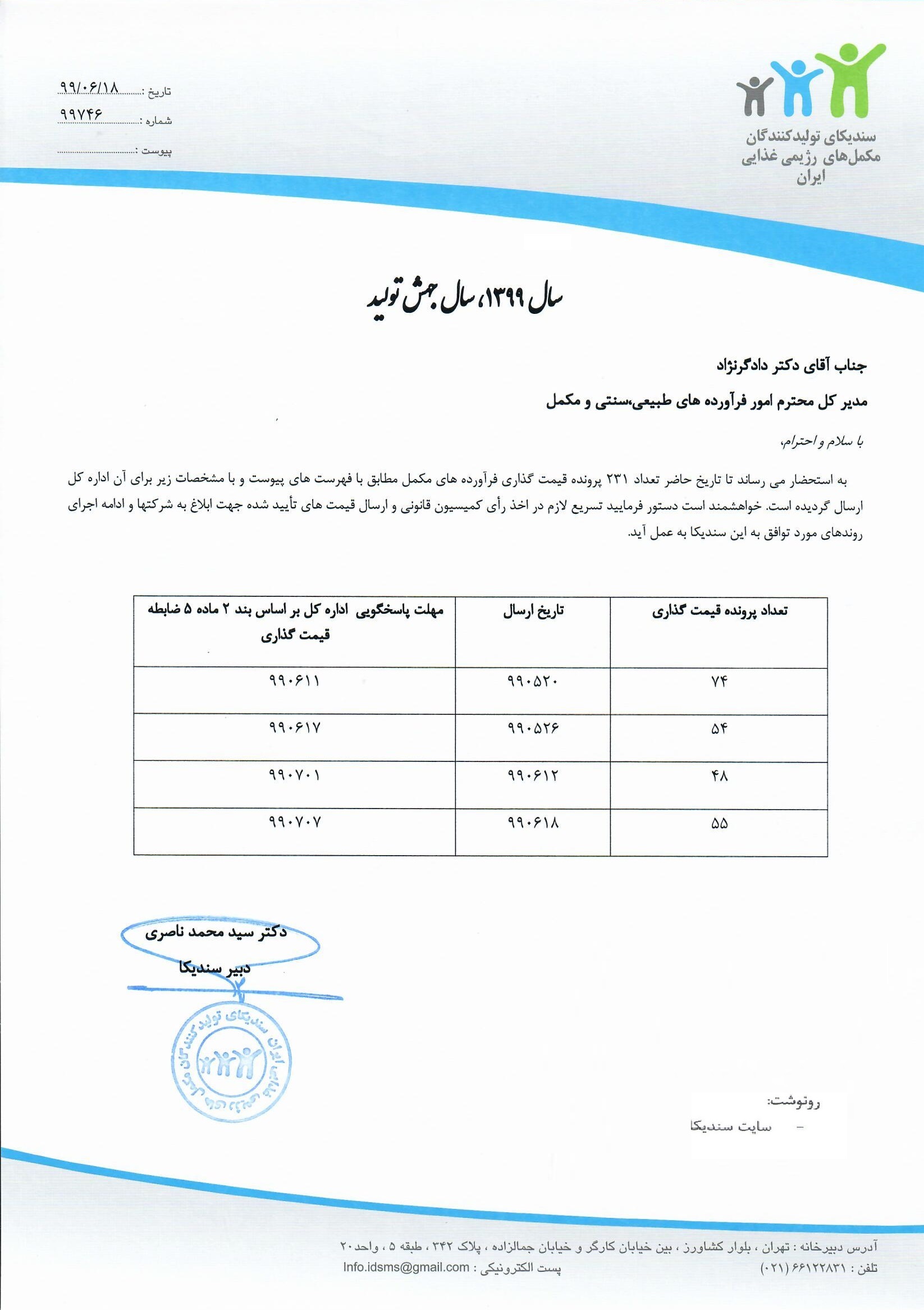 نامه به سازمان غذا و دارو در خصوص ارسال قیمت های تأیید شده جهت ابلاغ به شرکتها